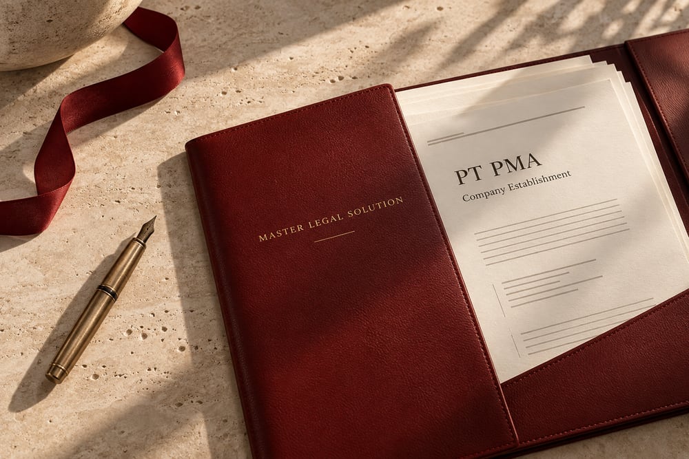 Illustrative red leather Master Legal Solution folio with ivory PT PMA documents and a brass pen on textured stone