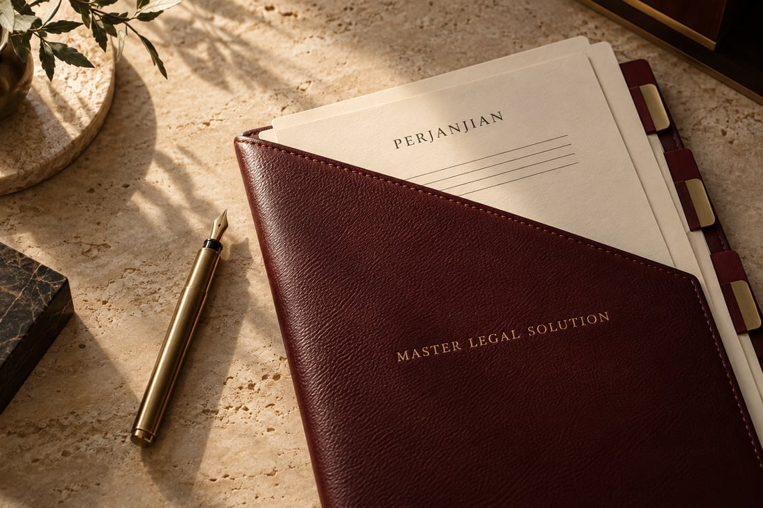 Ilustrasi folder merah Master Legal Solution, dokumen perjanjian dan pena di atas meja bertekstur