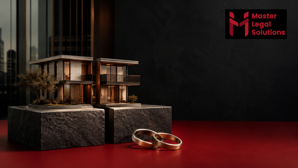 Miniatur rumah yang terpisah di atas dua bidang batu dengan cincin pernikahan, menggambarkan postnup WNI–WNA.