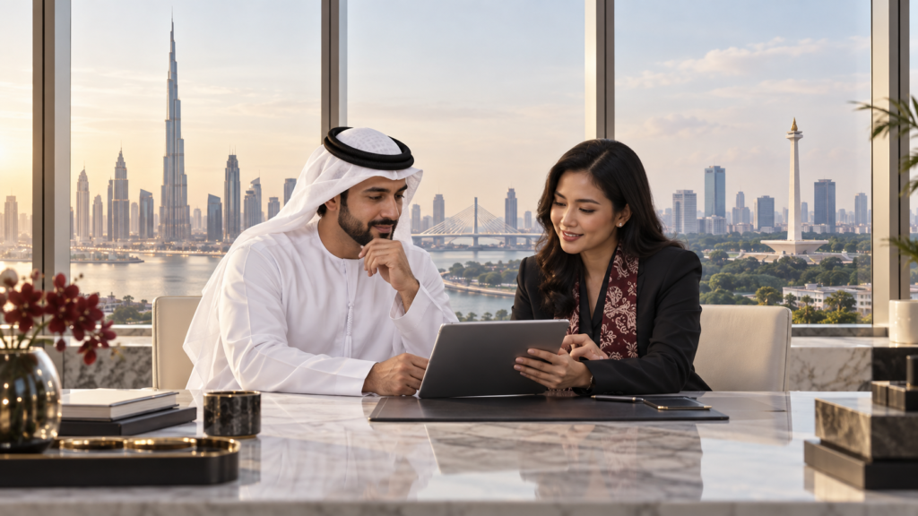 UAE business founder and Indonesian legal adviser planning a PT PMA market entry between Dubai and Jakarta