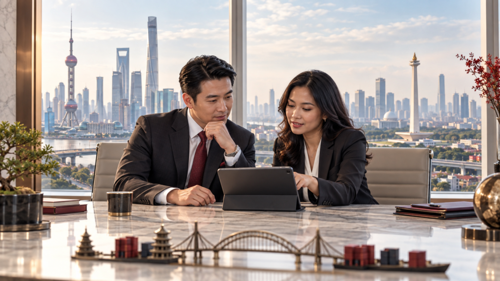 Chinese business executive and Indonesian legal adviser planning a PT PMA expansion between China and Jakarta.