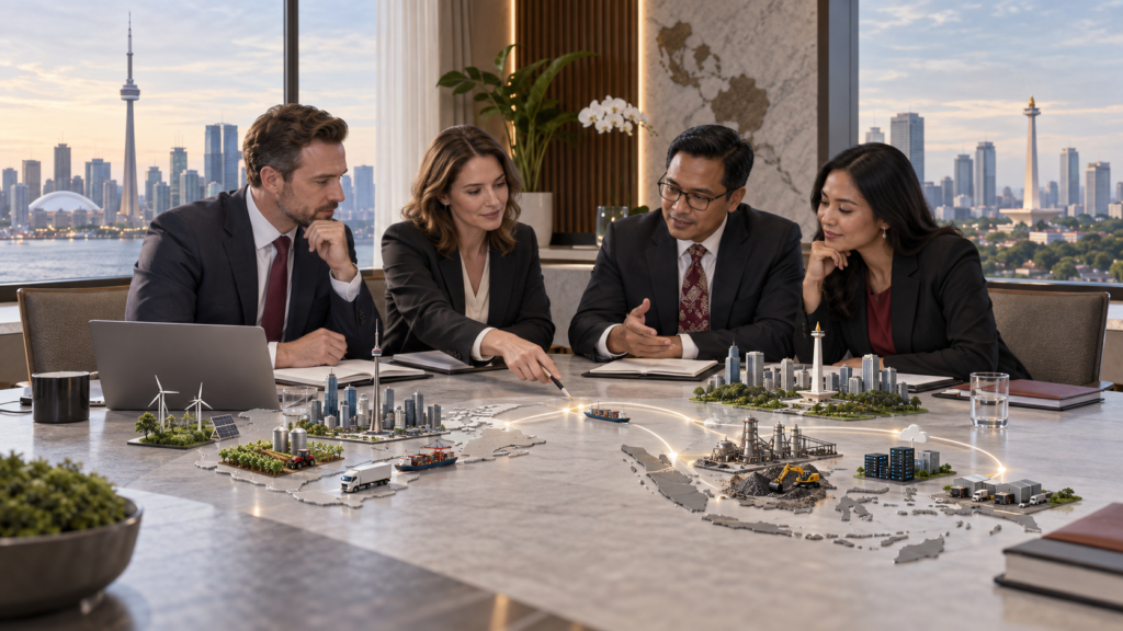 Canadian and Indonesian business leaders planning PT PMA market entry between Toronto and Jakarta, with clean technology, agrifood, mining services, software, and logistics cues.
