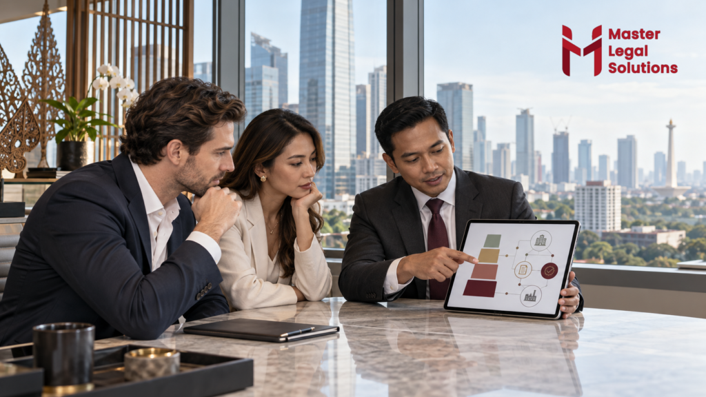 Foreign founders and an Indonesian legal adviser reviewing a risk-based business licensing pathway for a PT PMA in Jakarta.