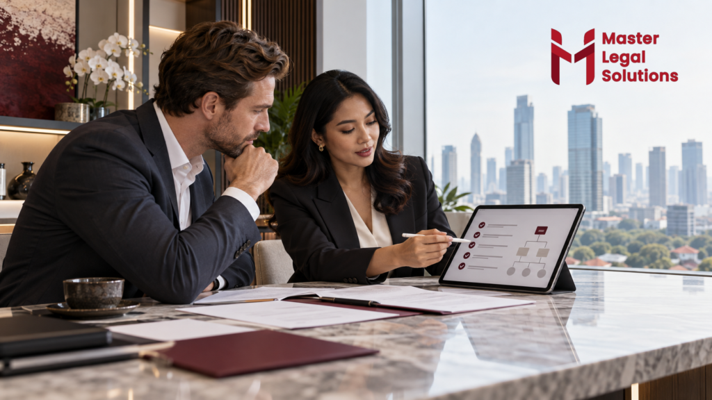 Foreign investor and Indonesian legal adviser reviewing Investor KITAS E28A requirements for a PT PMA in Jakarta. Caption: Investor KITAS eligibility depends on both the foreign shareholder’s E28A profile and a consistent PT PMA corporate record.