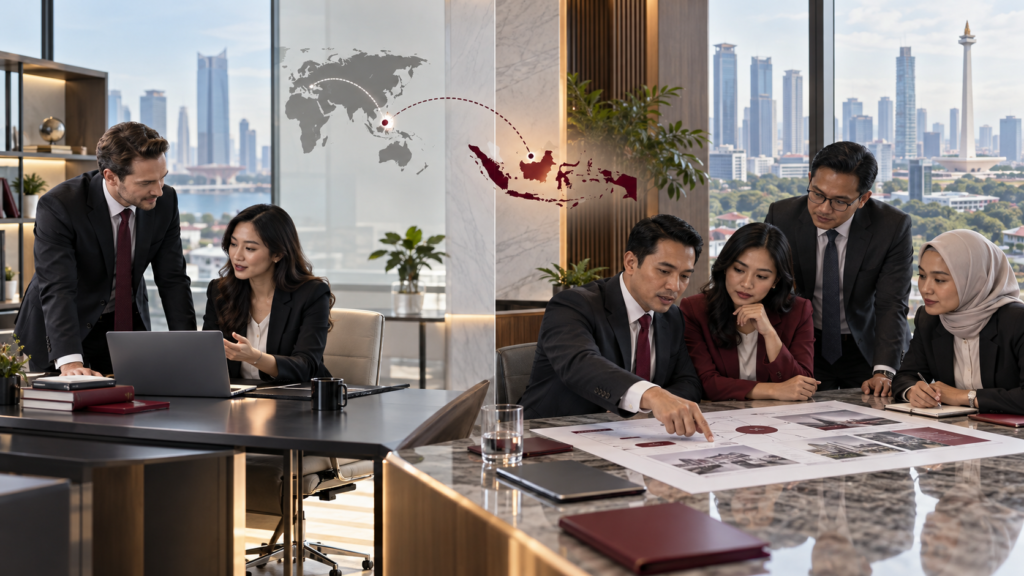 Foreign executives and Indonesian advisers comparing a representative office with a PT PMA for market entry in Jakarta.